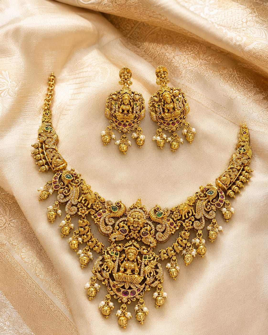 FeelOri gold-polished necklace set with matching earrings styled with saree fabric for Indian occasion wear