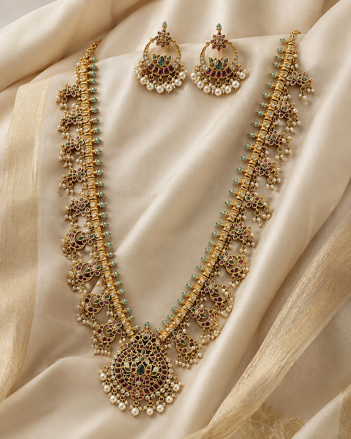 FeelOri gold-polished necklace set with matching earrings styled with saree fabric for Indian occasion wear