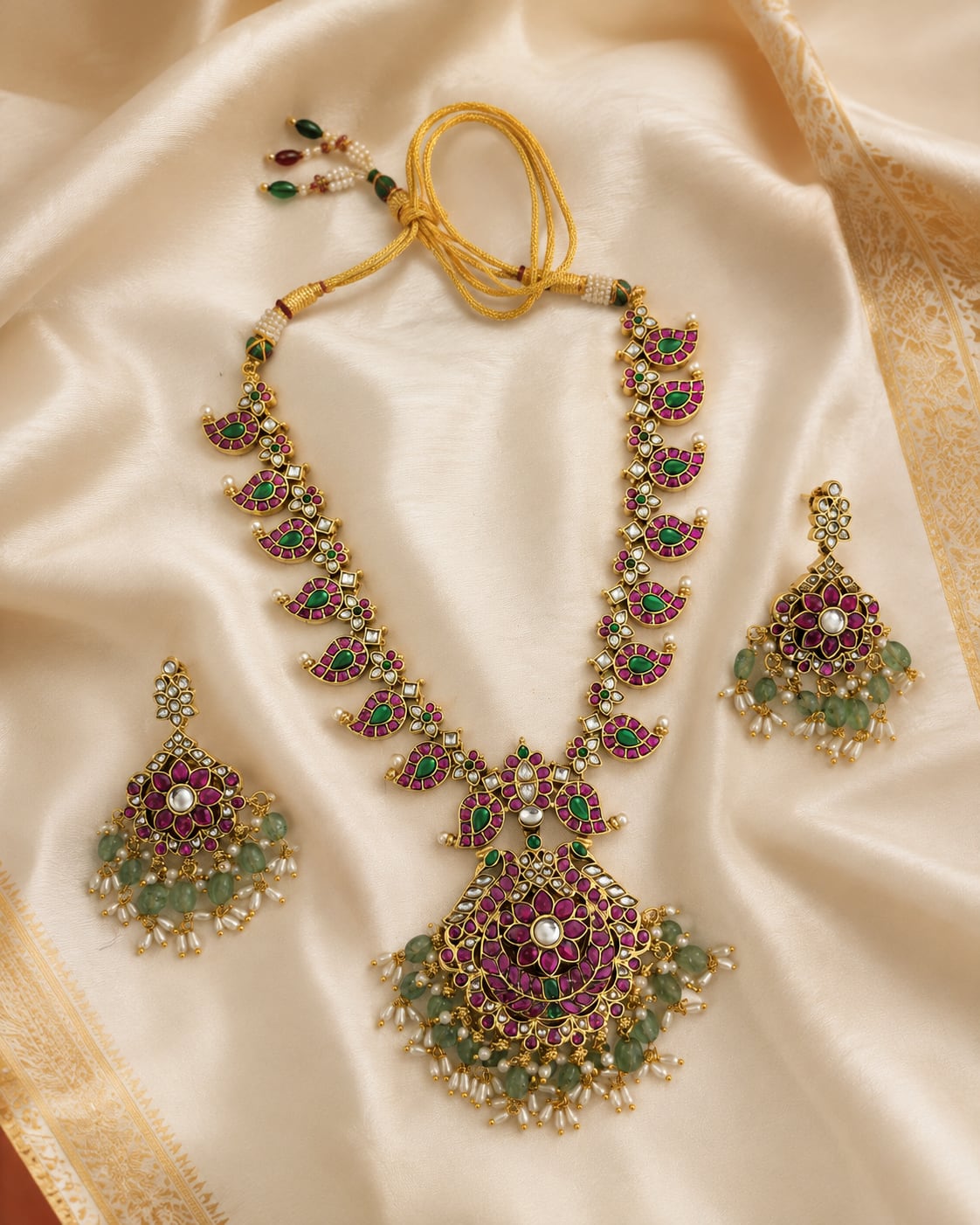 FeelOri gold-polished necklace set with matching earrings styled with saree fabric for Indian occasion wear