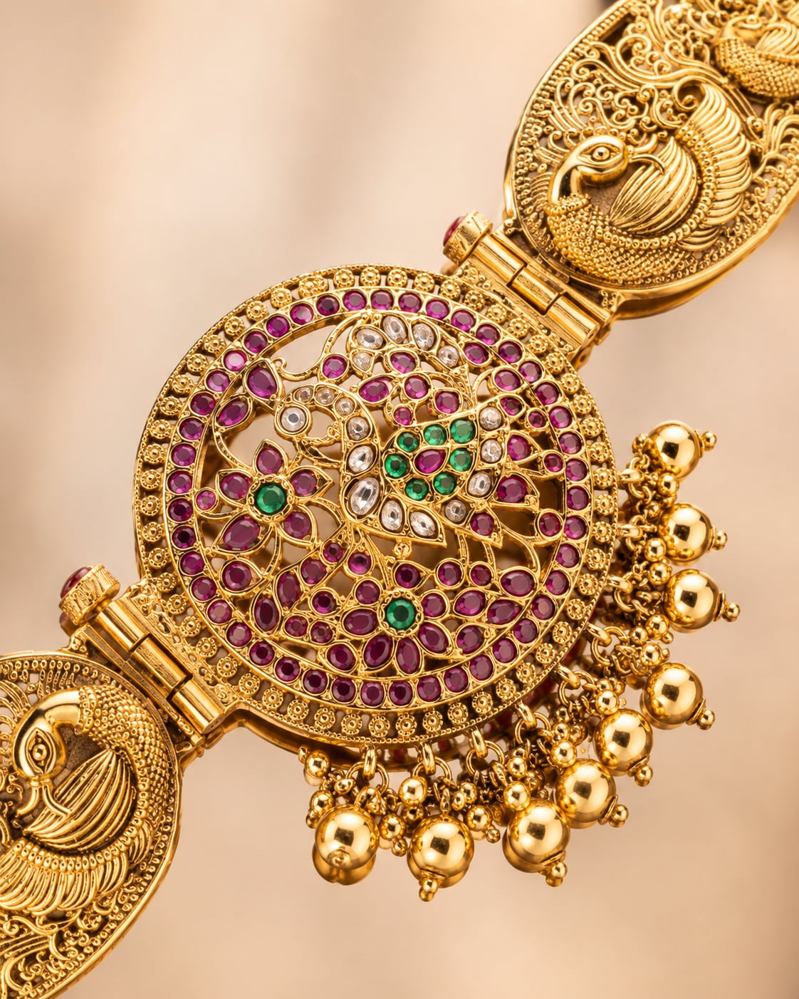 FeelOri gold-polished vaddanam waist belt waist belt curve, stone setting, clasp, and gold-polished detail