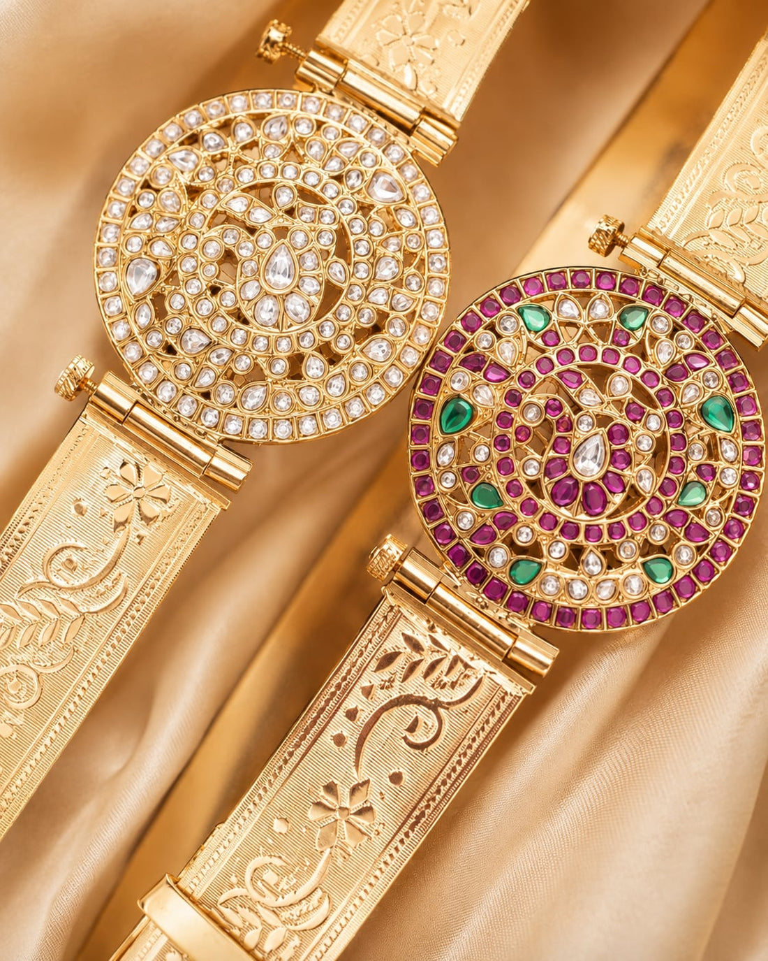 FeelOri gold-polished vaddanam waist belt waist belt curve, stone setting, clasp, and gold-polished detail