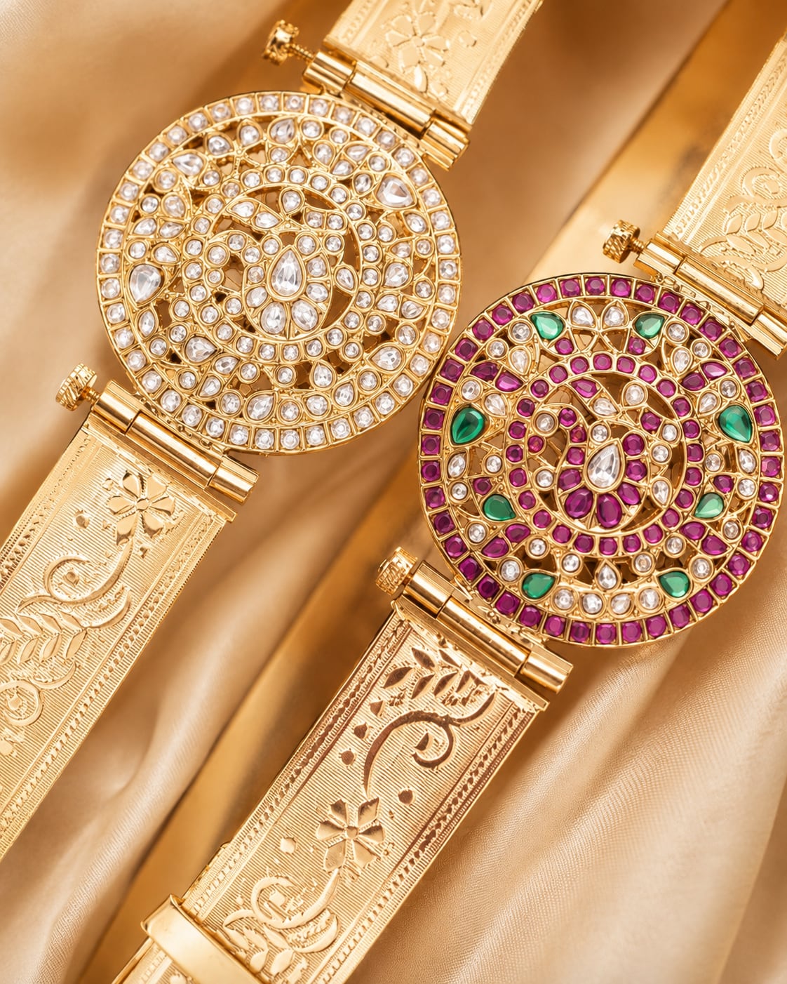 FeelOri gold-polished vaddanam waist belt waist belt curve, stone setting, clasp, and gold-polished detail