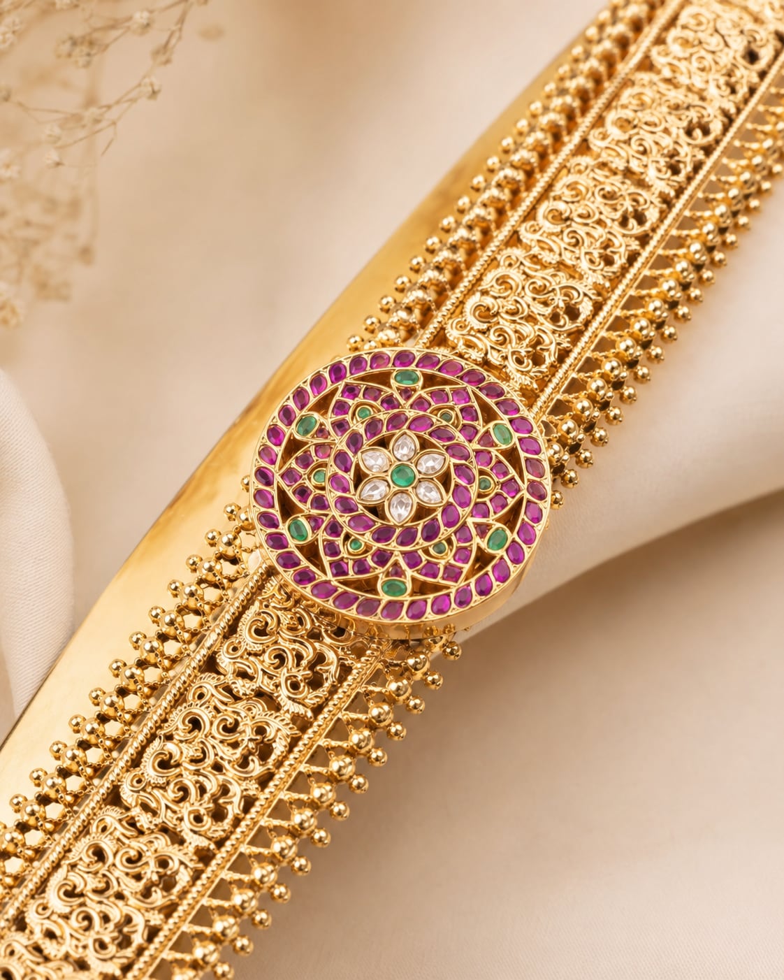 FeelOri gold-polished vaddanam waist belt waist belt curve, stone setting, clasp, and gold-polished detail