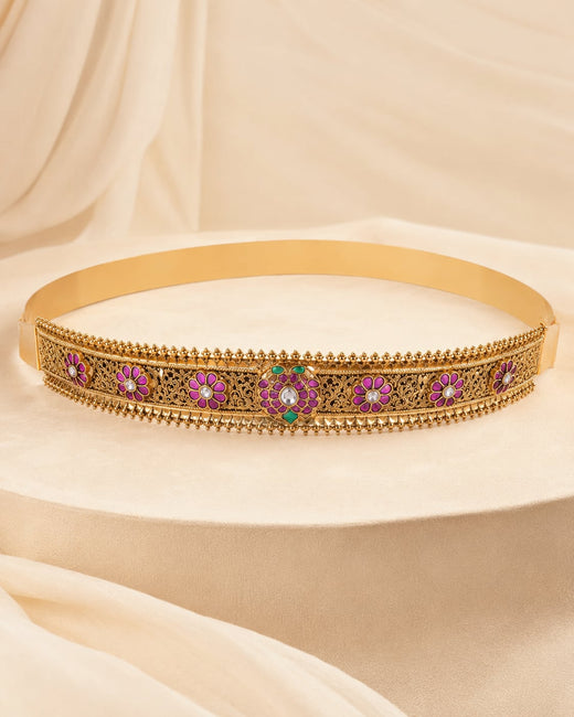 FeelOri gold-polished vaddanam waist belt on jewellery display