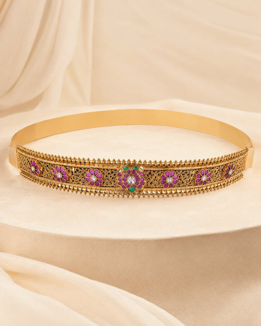 FeelOri gold-polished vaddanam waist belt on jewellery display