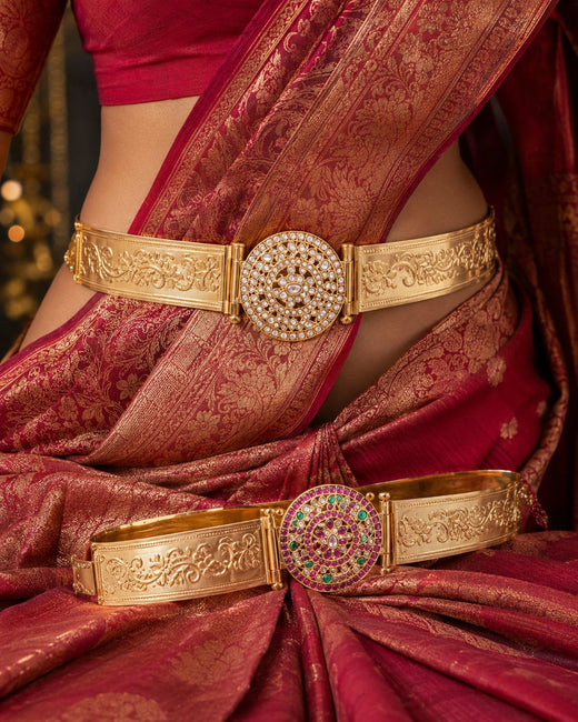 FeelOri gold-polished vaddanam waist belt styled with Indian occasion wear