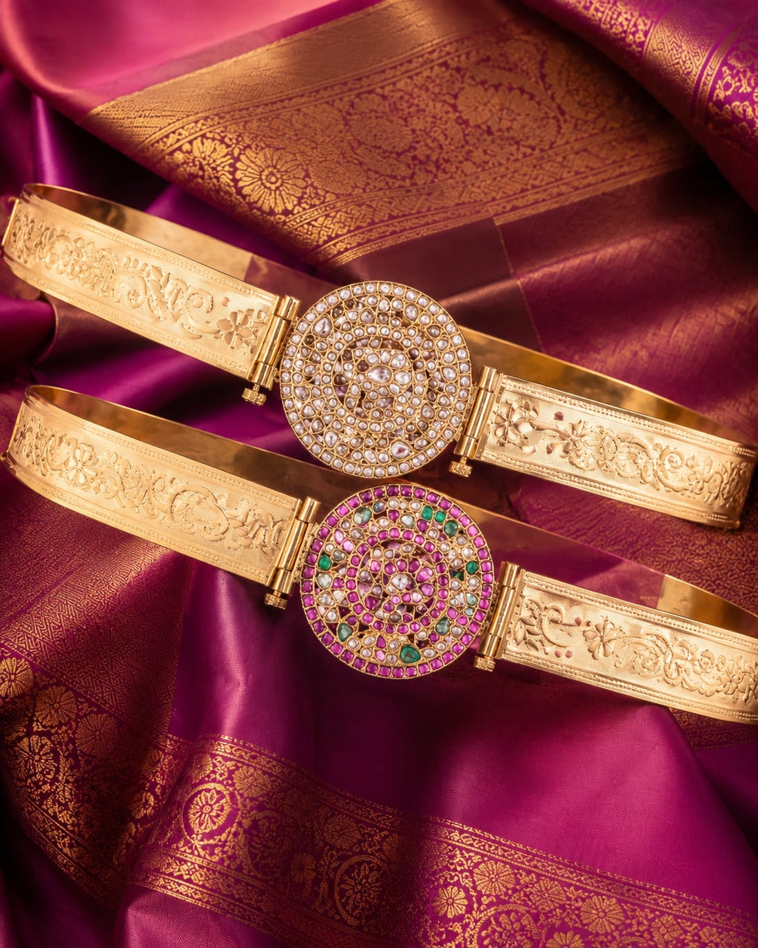 FeelOri gold-polished vaddanam waist belt styled with saree fabric for Indian occasion wear