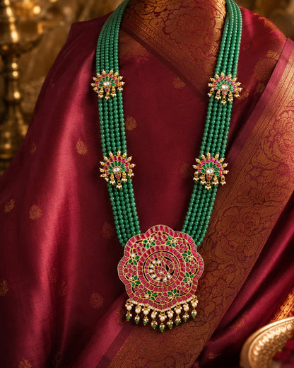 FeelOri green bead floral jadau kundan long haram necklace on jewellery display