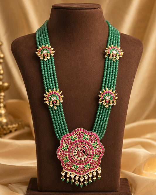 FeelOri green bead floral jadau kundan long haram necklace for pattu saree styling