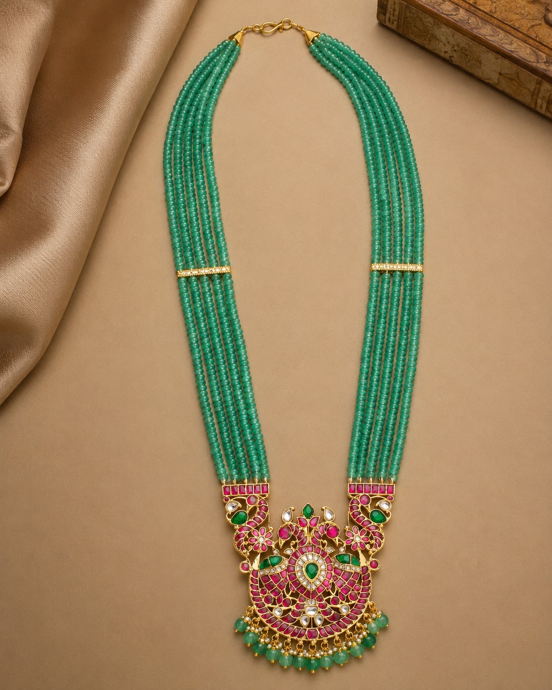 FeelOri green bead pendant jadau kundan long haram necklace for South Indian festive jewellery styling