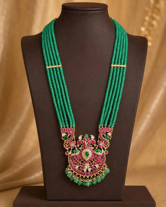 FeelOri green bead pendant jadau kundan long haram necklace for pattu saree styling