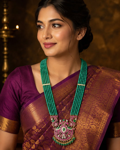 FeelOri green bead pendant jadau kundan long haram necklace styled with saree fabric