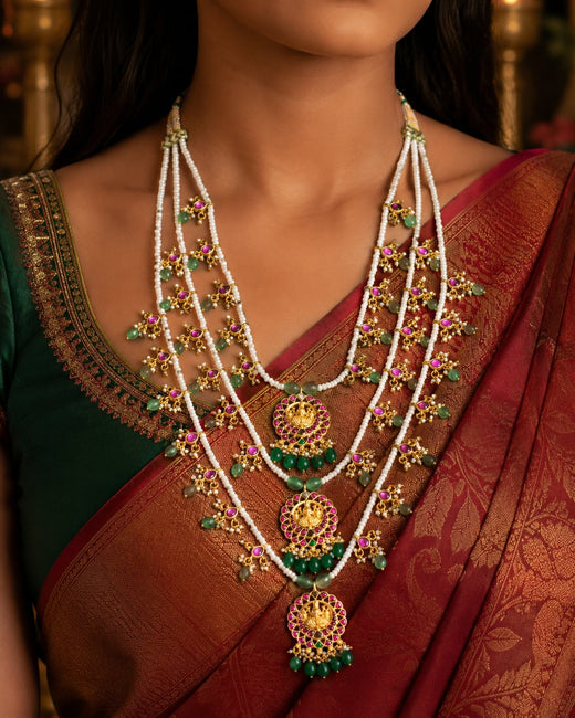 FeelOri green bead triple line jadau kundan mala necklace on jewellery display