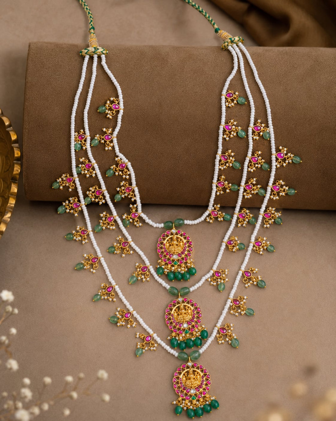 FeelOri green bead triple line jadau kundan mala necklace for Indian festive necklace styling