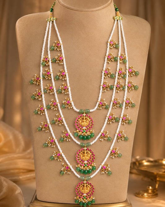 FeelOri green bead triple line jadau kundan mala necklace for pattu saree styling