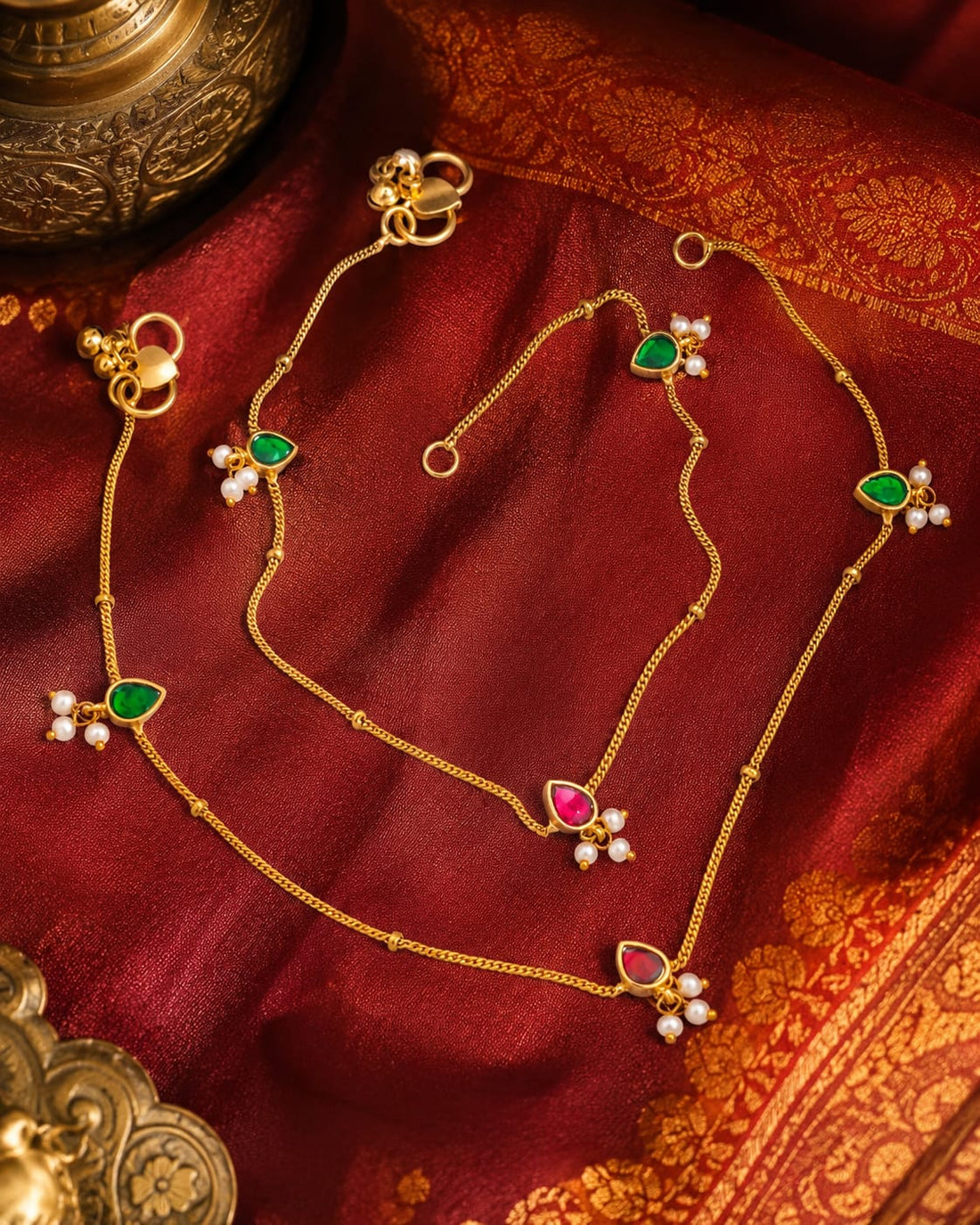 FeelOri green drop chain jadau kundan payal anklets listed as a pair of anklets styled with saree fabric