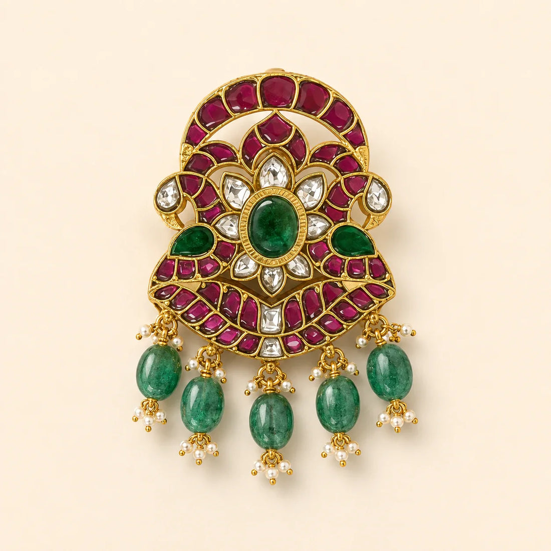 Front view of FeelOri Iruttai Mayil Padmam Jadau Kundan pendant with twin peacocks, central lotus and green bead drops