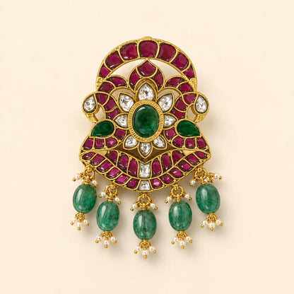 Front view of FeelOri Iruttai Mayil Padmam Jadau Kundan pendant with twin peacocks, central lotus and green bead drops
