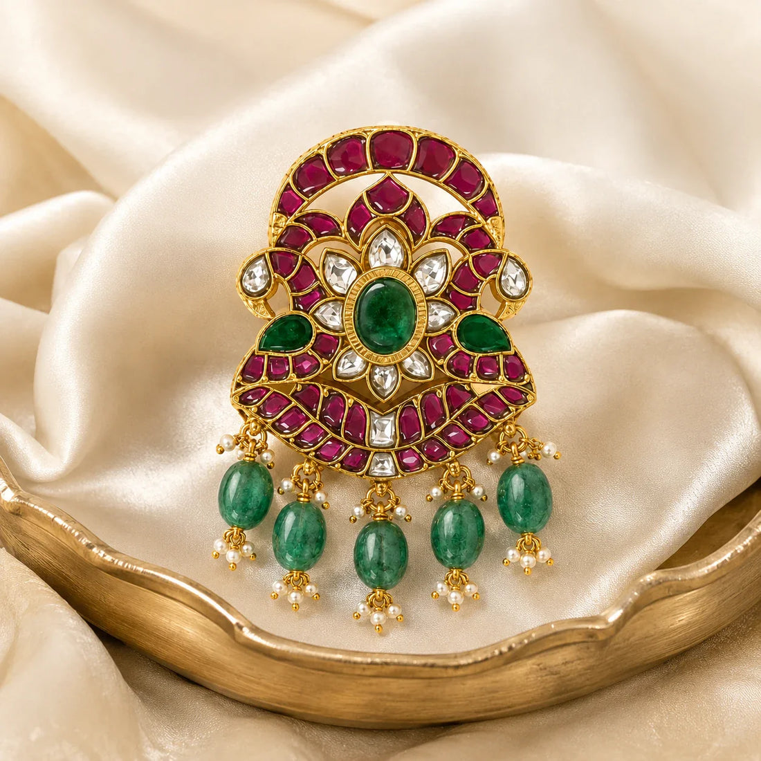 FeelOri Iruttai Mayil Padmam Jadau Kundan twin peacock lotus pendant displayed on ivory satin
