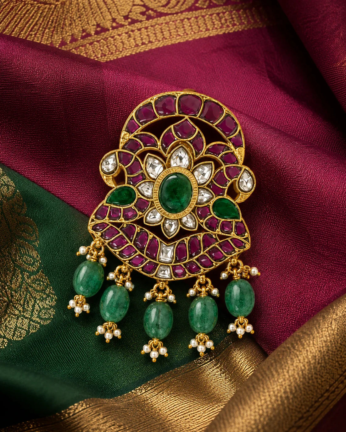 Iruttai Mayil Padmam Jadau Kundan pendant styled on maroon and green silk fabric