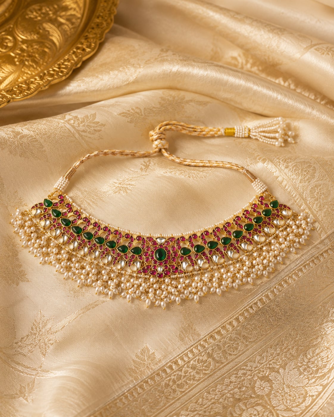 FeelOri jadau kundan choker necklace styled with saree fabric for Indian occasion wear