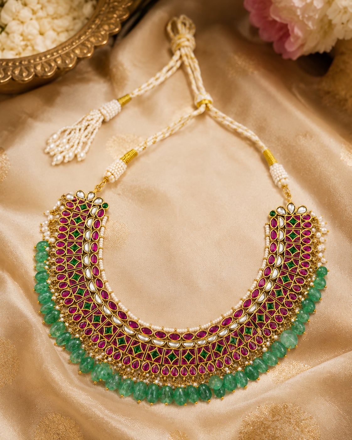 FeelOri jadau kundan choker necklace styled with saree fabric for Indian occasion wear