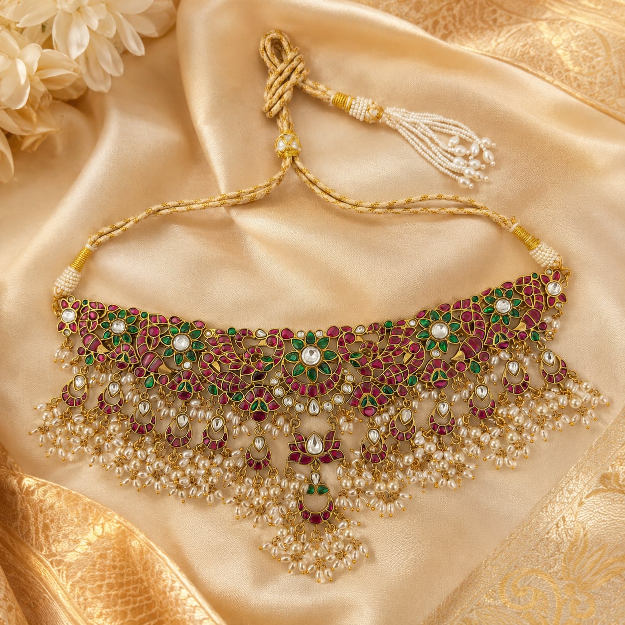 FeelOri jadau kundan choker necklace styled with saree fabric for Indian occasion wear