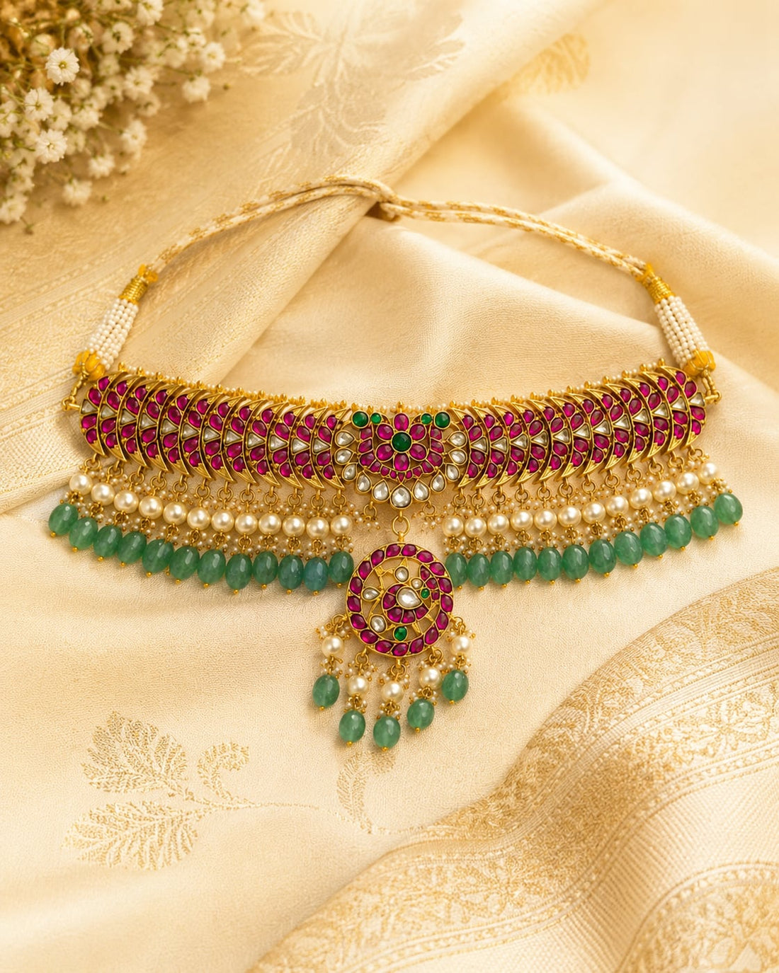 FeelOri jadau kundan choker necklace styled with saree fabric for Indian occasion wear