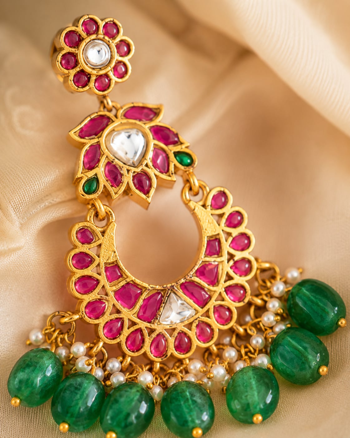 FeelOri jadau kundan earrings stone setting, ear-chain or earring construction, and gold-polished detail