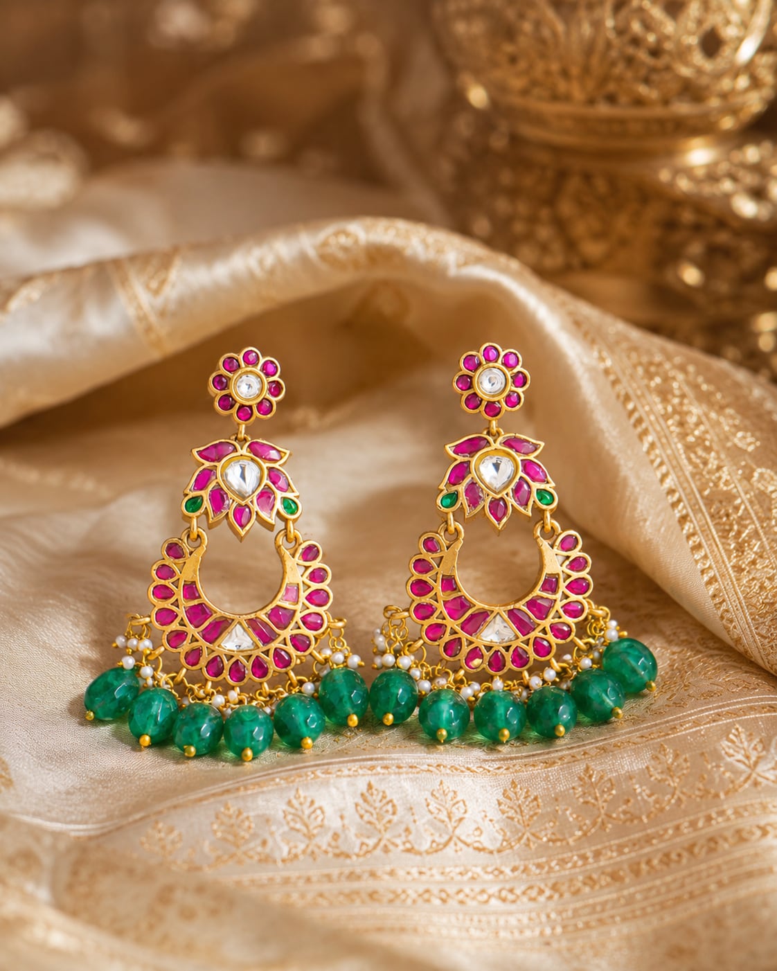 FeelOri jadau kundan earrings styled with saree fabric for Indian occasion wear