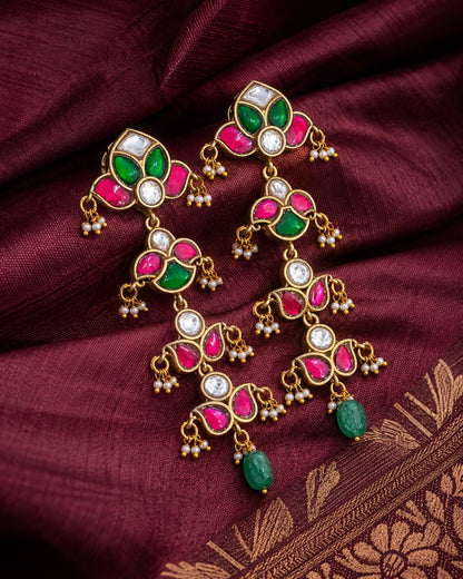 FeelOri real kempu jadau earrings styled with saree fabric for Indian occasion wear