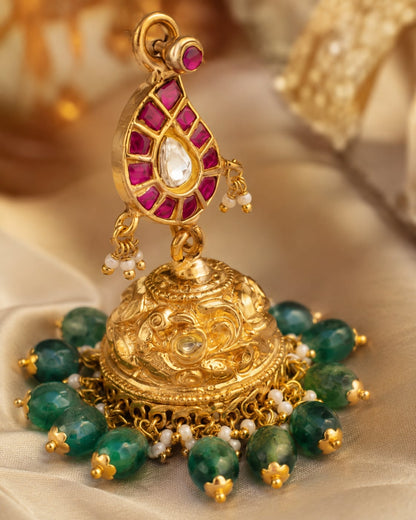 FeelOri jadau kundan jhumka earrings stone setting, ear-chain or earring construction, and gold-polished detail
