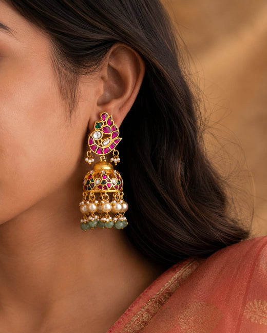 FeelOri jadau kundan jhumka earrings styled with Indian occasion wear