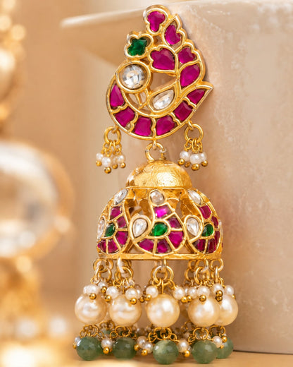 FeelOri jadau kundan jhumka earrings styled with saree fabric for Indian occasion wear