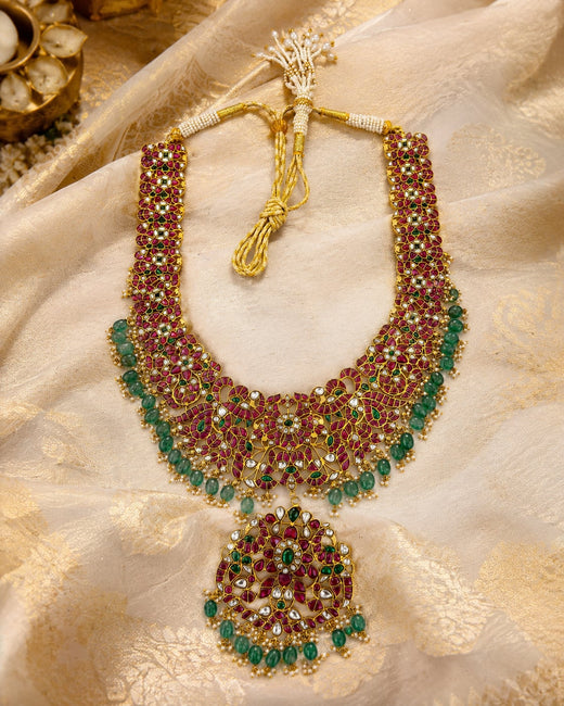 FeelOri jadau kundan long haram necklace styled with saree fabric for Indian occasion wear