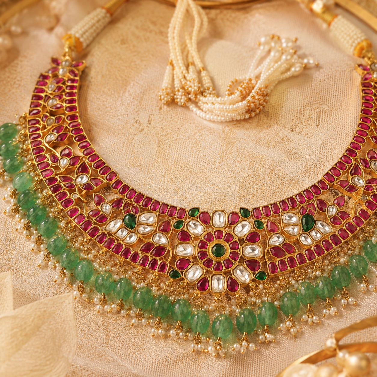 FeelOri jadau kundan necklace set with matching earrings pendant and gold-polished detail