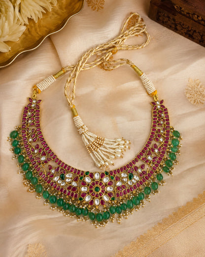 FeelOri jadau kundan necklace styled with saree fabric for Indian occasion wear