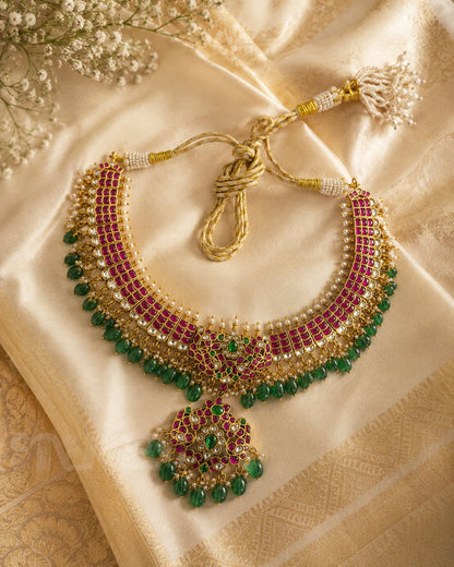 FeelOri jadau kundan pendant set styled with saree fabric for Indian occasion wear