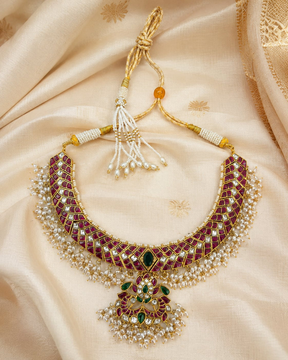 FeelOri jadau kundan necklace styled with saree fabric for Indian occasion wear