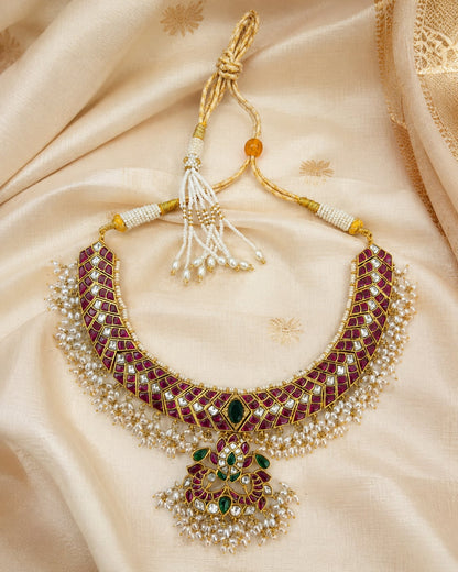 FeelOri jadau kundan necklace styled with saree fabric for Indian occasion wear