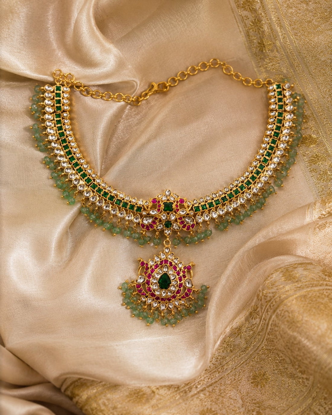 FeelOri jadau kundan necklace styled with saree fabric for Indian occasion wear