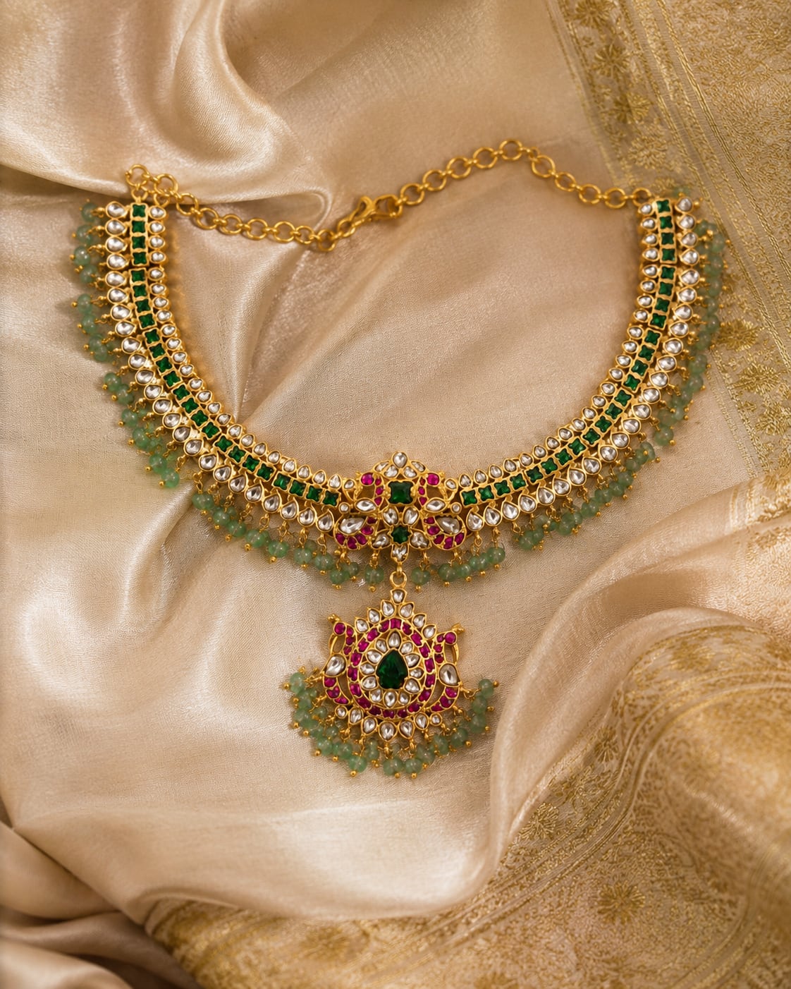 FeelOri jadau kundan necklace styled with saree fabric for Indian occasion wear