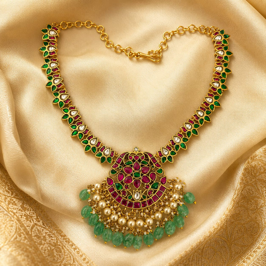 FeelOri jadau kundan necklace styled with saree fabric for Indian occasion wear