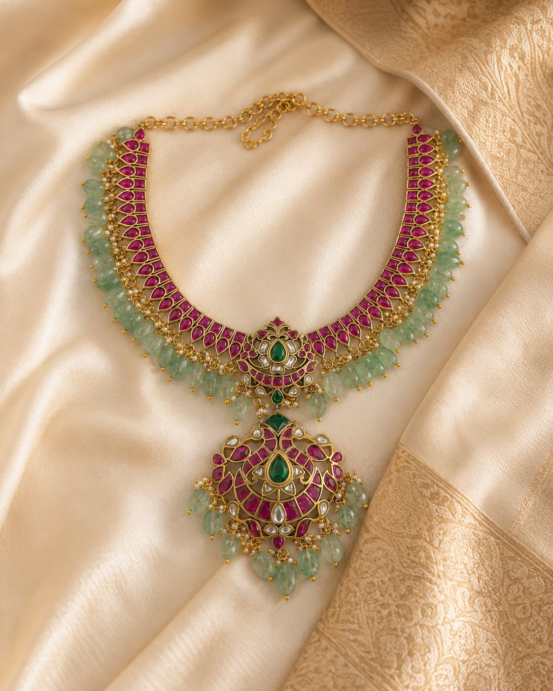 FeelOri jadau kundan necklace styled with saree fabric for Indian occasion wear