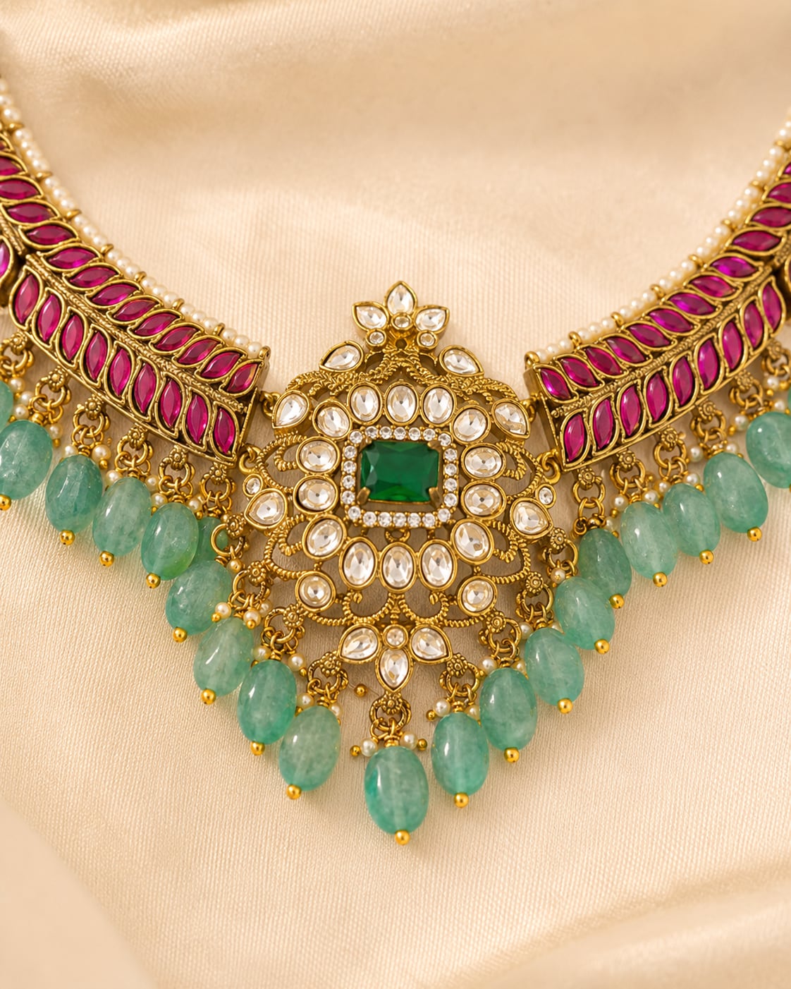 FeelOri jadau kundan necklace set with matching earrings pendant and gold-polished detail