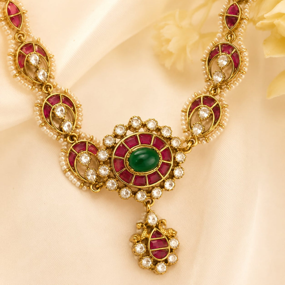 FeelOri jadau kundan necklace set with matching earrings pendant and gold-polished detail