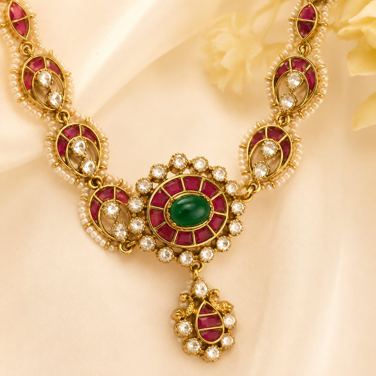 FeelOri jadau kundan necklace set with matching earrings pendant and gold-polished detail