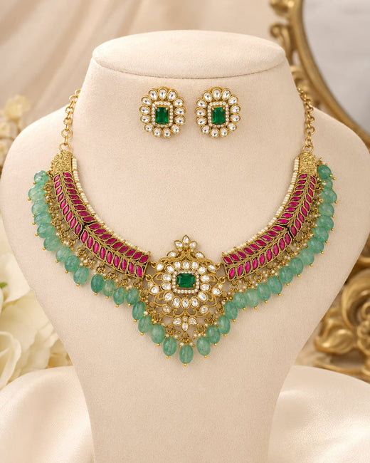 FeelOri jadau kundan necklace set with matching earrings on jewellery display