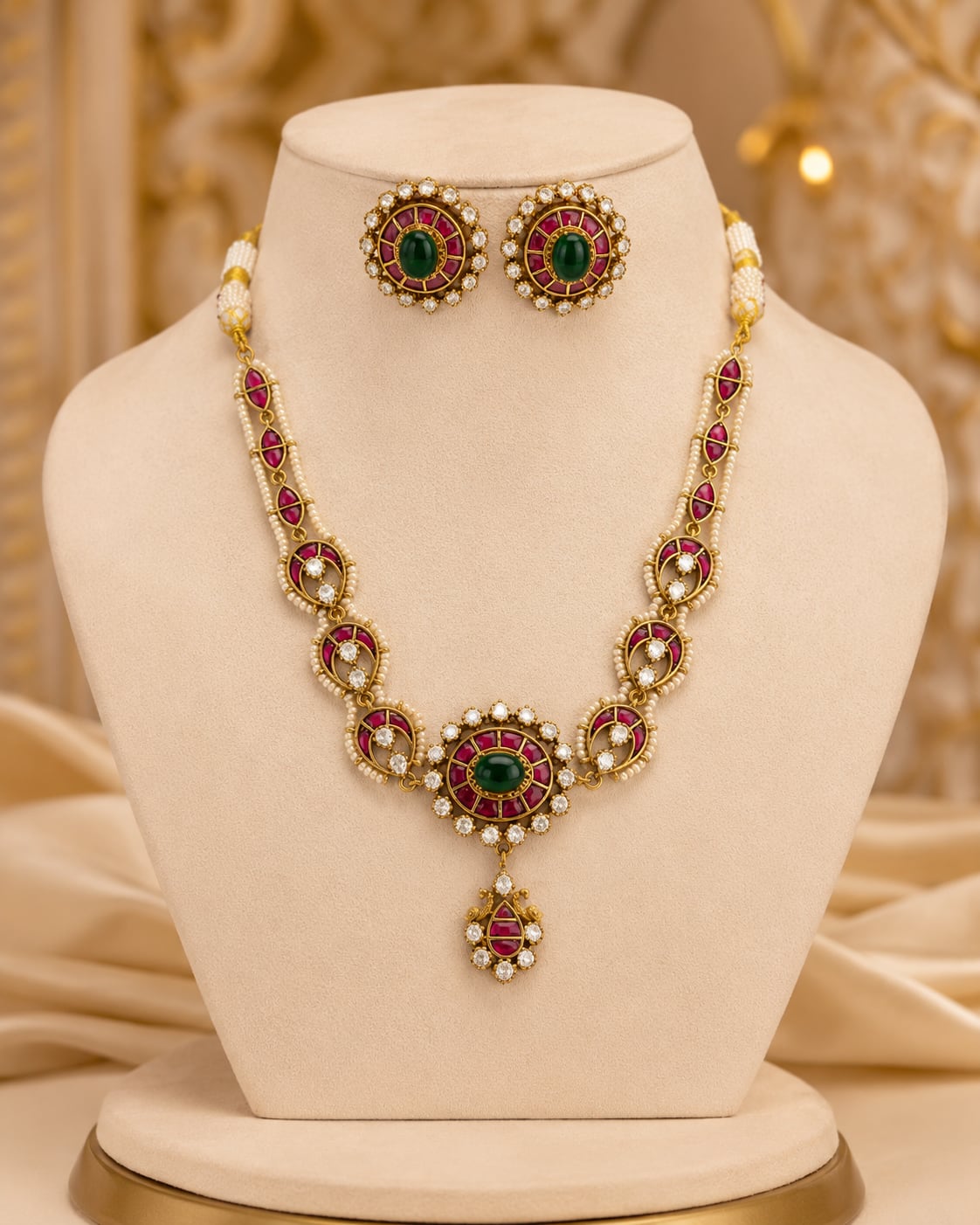 FeelOri jadau kundan necklace set with matching earrings on jewellery display