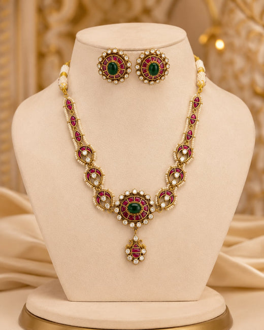 FeelOri jadau kundan necklace set with matching earrings on jewellery display